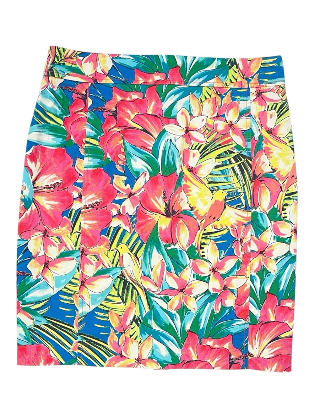 Ann Taylor Loft Tropical Print Skirt Green Pink Bird Floral Denim SZ 2 Petite